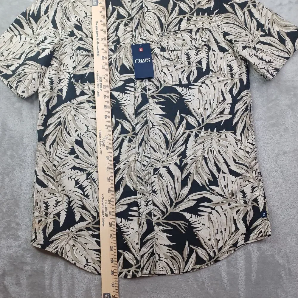 CHAPS Shirt Mens S Casual Button Down Tan Black Tropical Short Sleeve Cotton NWT